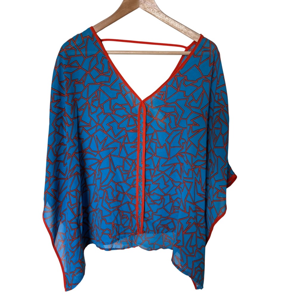 Miss Tina Kaftan Top Womens Small Blue Orange Geometric Chiffon Poncho Excellent